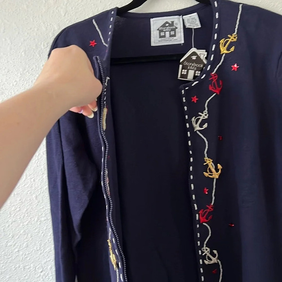 Fisherman Granny Storybook Knit Navy Nautical Anchor Full Zip Cardigan Size 1X - Picture 6 of 7